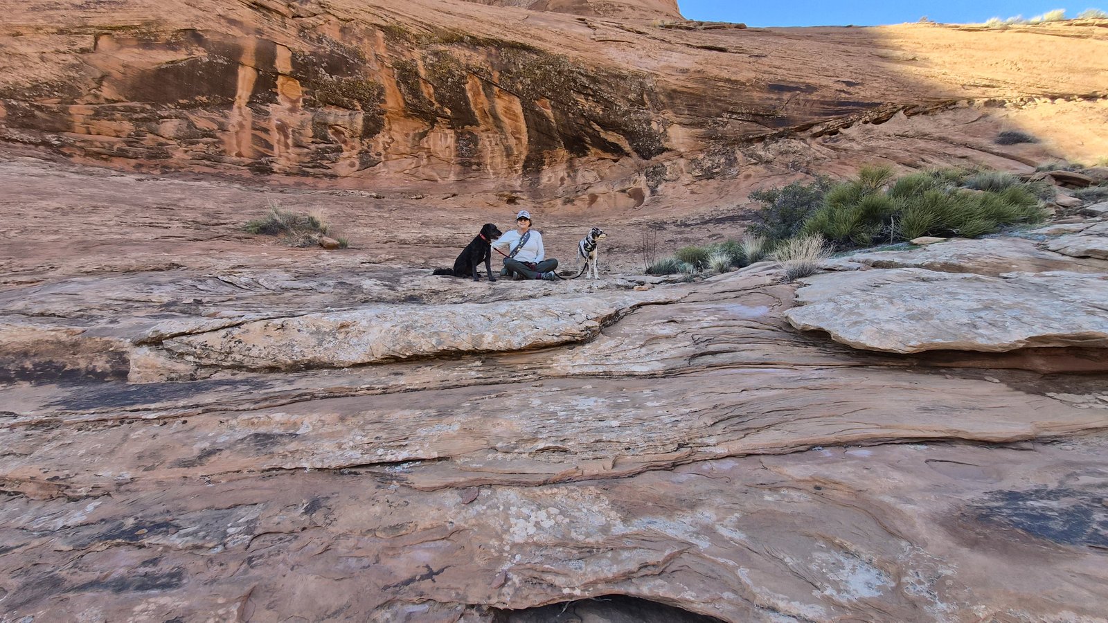 Dublin and Chester on the slickrock at Corona Arch